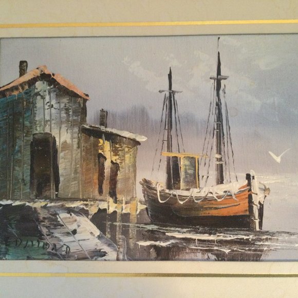 Small painting house boat sea view framed art wall hanging - Picture 2 of 3